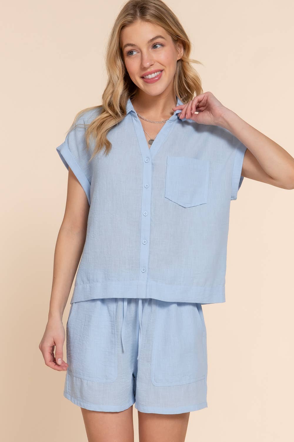 Dolman Short Sleeve Shirt & Shorts Linen Effect Set